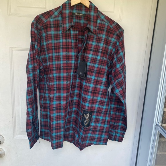 ROBERTO CAVALLI Men’s Tartan Print Logo Long Sleeve  Shirt Size 50 (US Size 40) - Picture 12 of 15